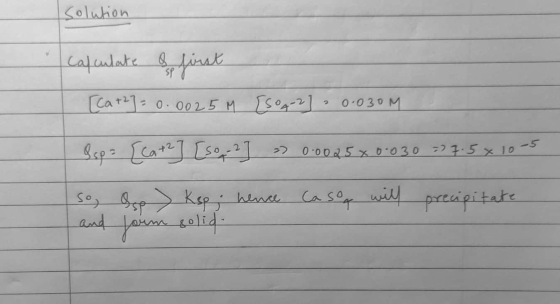Soluhion Lafulate &fisak at1 0.0025M S02 O30 M Sep LcartEsap2 O o025x0030 21.5x 10-5 Casep wil peeaipitate aad -रमानरी