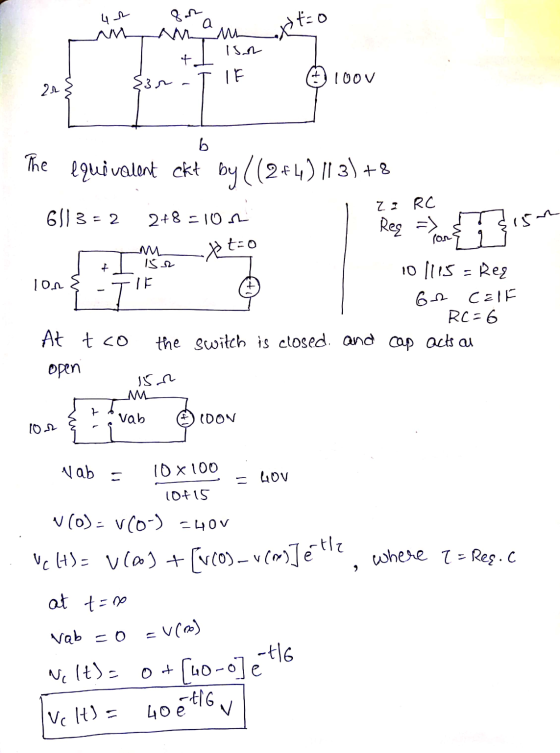 42 a exto un AM Isan + {3r ТЕ 100V 22 b The equivalent ekt by ((2+4) 11 3) +8 6/13 = 2 2+8=102 Za RC Req => con 15 Xtão f - I