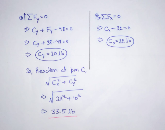 21 [ Fy=0 > Cy + Fy -48=0 → Cy + 38 –48 = 0 > Cy = 20 db) B; EFx = 0 => Cx-32=0 > Cx=32 db So, Reaction at bim c! Ncutar >> N