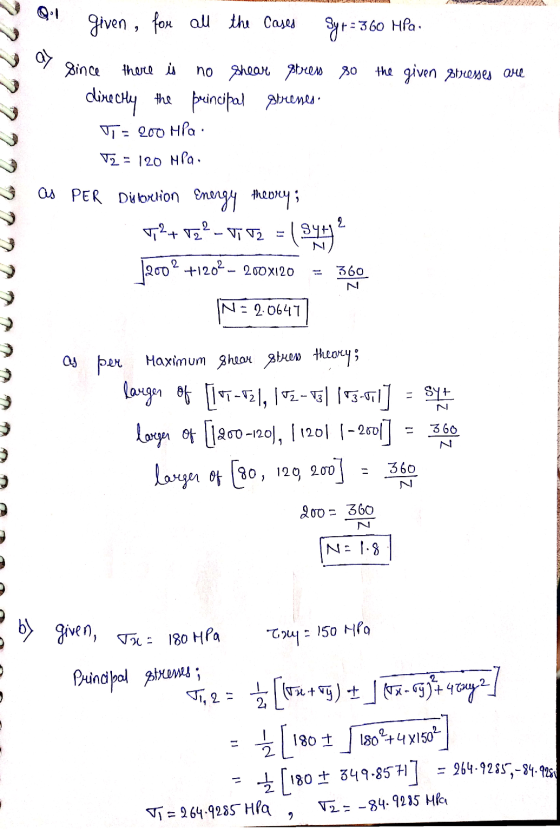 given for all the cases Syr = 360 Hpa the given stresses are Since there is no shear stres so dine ctly the principal prenses