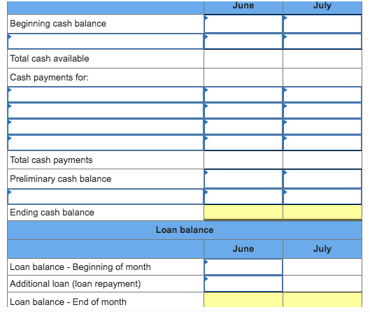 June July Beginning cash balance Total cash available Cash payments for: Total cash payments Preliminary cash balance Ending