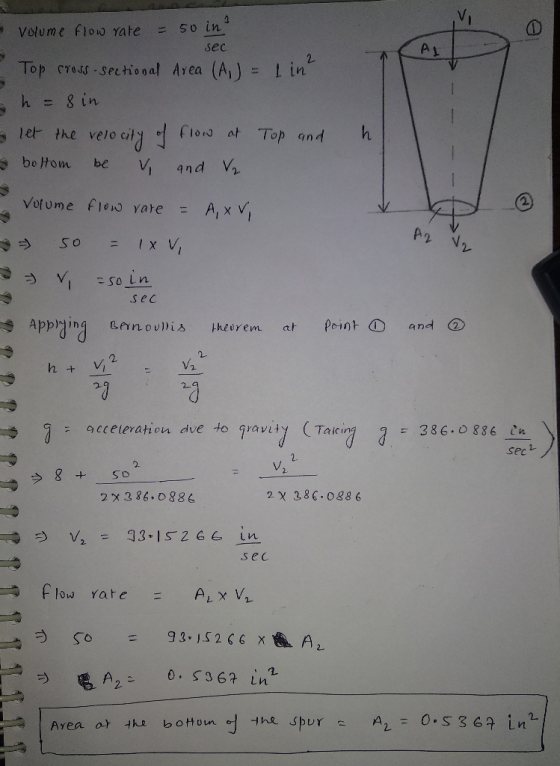 2 sec 2- in Top c704f-sectional Area (A) = h=gin bo om be V and V Volume fino Yate = Al XV, sec 2. 2. acceteration dve to gra