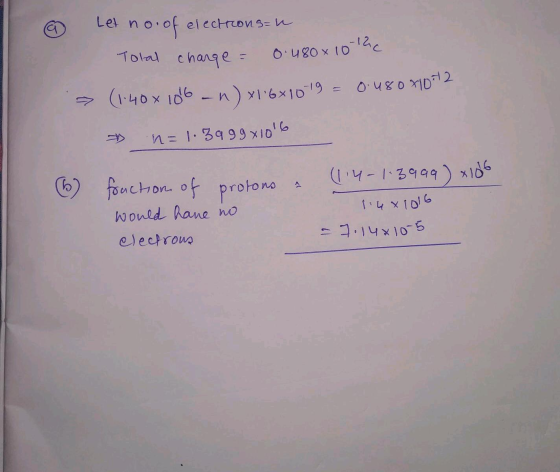 Let no. of electrons- Tolal charge 0.480 x 10-12 (140 x 106 - n ) xi6x1019 ¥16x1019 = 0.480 M10172 n=1.39g9x1016 fraction o