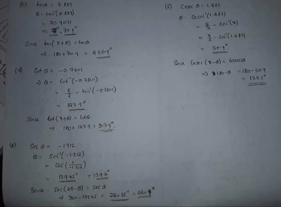 (c) tano= a,889 ta(884) ニ 70, 9 ㅇ귀 50,9 Snia Cosec (T-o)losec s I 291。 3 29. 9 t 2 029 (e) Sec。ニー1312. OSe -13) -1.31a 3.6134