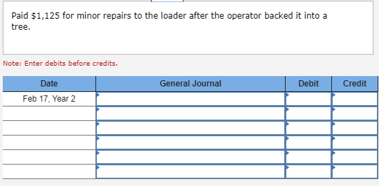 Paid $1,125 for minor repairs to the loader after the operator backed it into a tree. Note: Enter debits before credits. Date