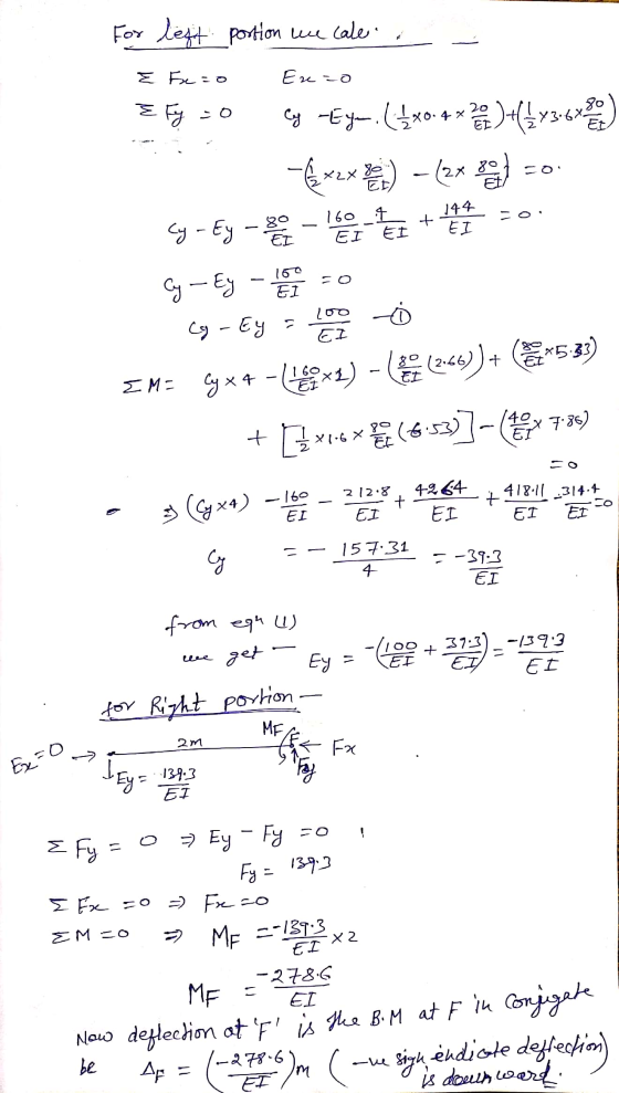 For lest portion the cale. E Fe=0 Erezo & Fy -0 20 4x 80 )#3x36% Cy -Ey, (1/4x0. -&* - (2x)0 1604 EI EI + 144 EI Cy - Ey - 80