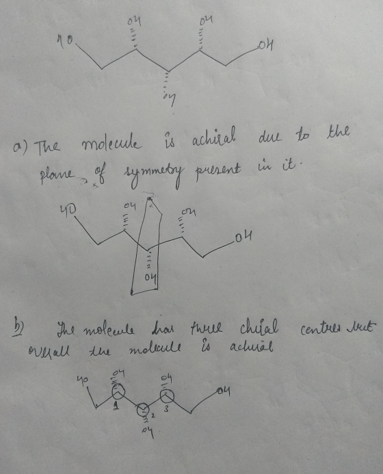 애 Lillo OH on the a) The plane yo molecule is achiral of symmetry present ou A due to in it. .04 در در 2 3 The molecule has t