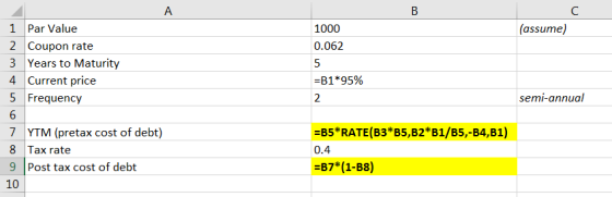 A B C 1 Par Value 2 Coupon rate 3 Years to Maturity 4 Current price 5 Frequency |(assume) 1000 0.062 5 B1*95% semi-annual 2 6
