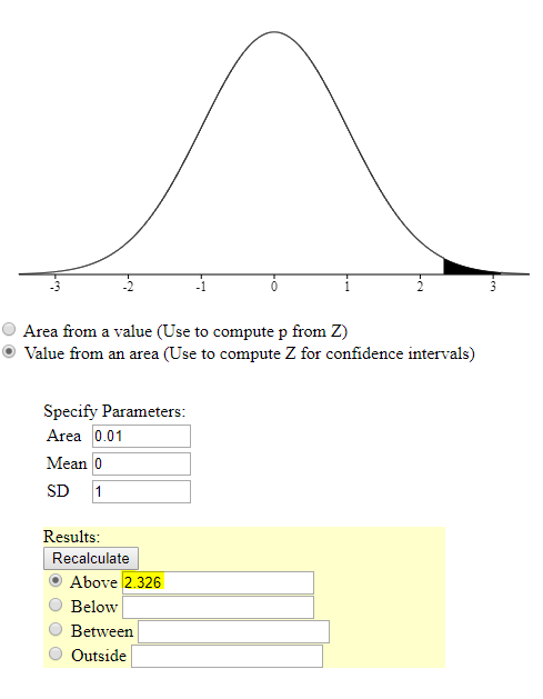 Area from a value (Use to compute p from Z) • Value from an area (Use to compute Z for confidence intervals) Specify Paramete