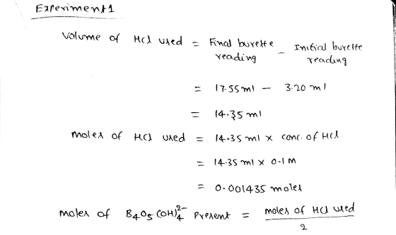 Earerimenti volume of He used = Final burette reading Initial burette reading = 17.55 mi - 3.20 ml = 14.35 mi molex of Ha ure