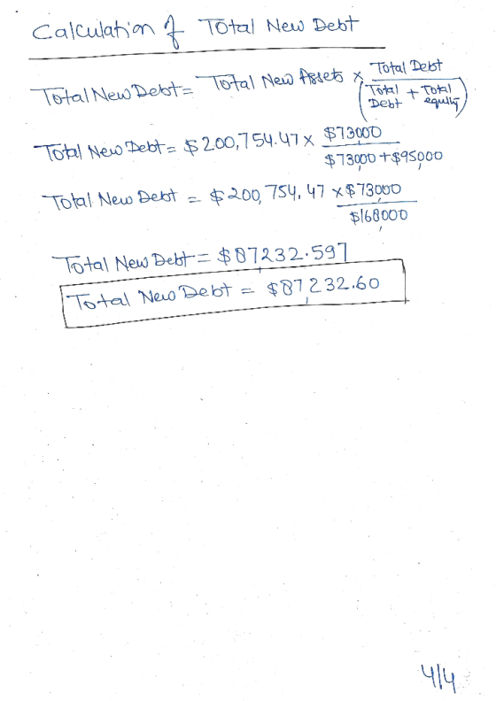 Calculation of Total New Debt Total New Total New Debt Assets & Total Debt (Total + Total ) Debt equity) Total New Debt = $20