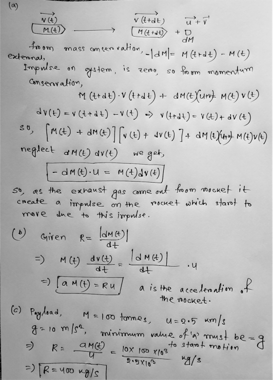 (0) V (+) M(+) utv v (t+dt) M (trat) +D dM foom external, mass conservation, -10M = M(t+dt) - M(t) Impulse on system, is zero