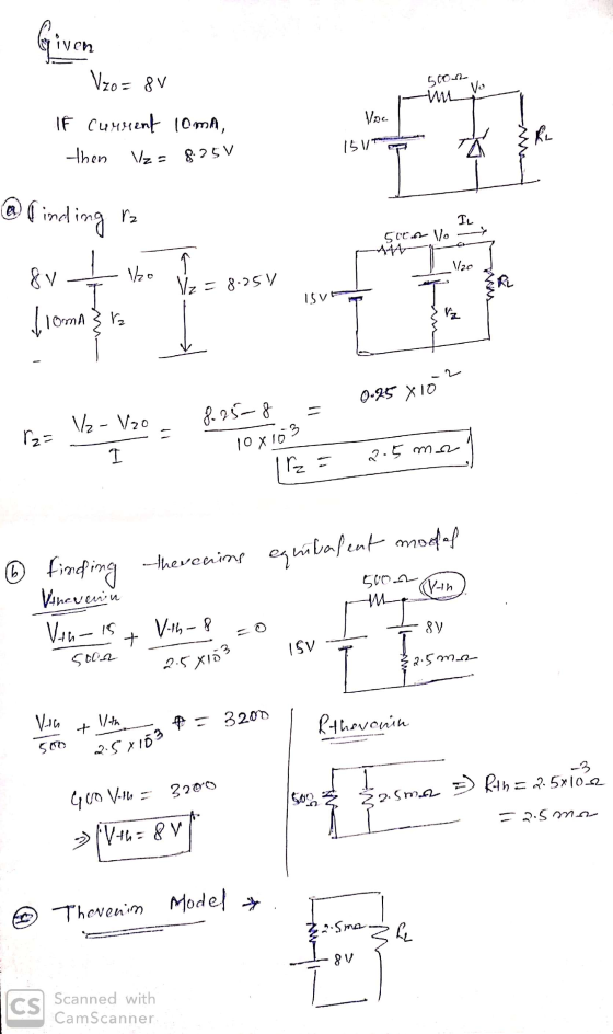 Given 500n vo M Vzo= 8v If current 10mA, then Vz= 8.250 \/pe. 15 VA ® ( liºa ra 500. Vo -- 8v L Vzo vo Voz 395V How 12 = 8.25