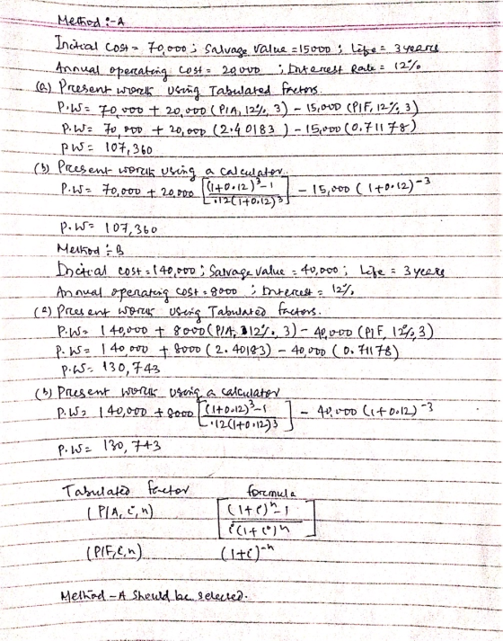 Method :-A Inatal Costa 70.000 ; Salvage Value = 15000; lefse 3 years Annual operating cost = 20000 i Interest Rate : 12% (a)