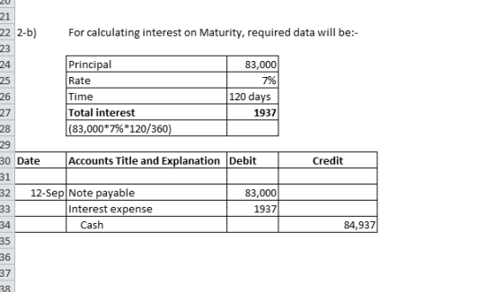 21 22 2-b) For calculating interest on Maturity, required data will be:- 23 24 Principal 83,000 25 Rate 7% 26 Time 120 days 2