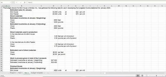 L M N O P Q R S at 10 at A1 ✓ fx Part 2 C D E F G H I J K 7 The budget director for Bird House Unlimited, Inc., has gathered