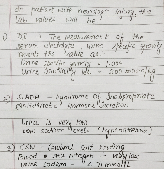 In patient with neurologic Lab values will beil injury, the D D I → The measurement of the serum electrolyte , urine reveals