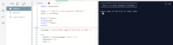 Files main.py E saved 1 import collections * This is a word analysis software * ************* ********* main.py demo.txt titl