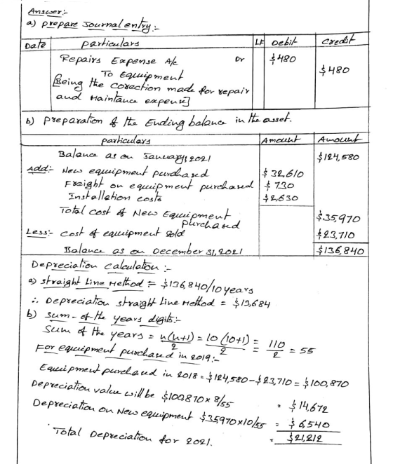 Anseer a) prepare sournalenly partieulars Repairs Expense Afe Cxedt LE Oebit Date Dr 480 To Equuipmeuk eiug the coection mad