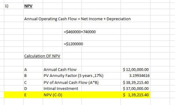 NPV Annual Operating Cash Flow = Net Income + Depreciation =$460000+740000 =$1200000 Calculation OF NPV Annual Cash Flow PV A