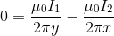 0= \frac{\mu_0 I_1}{2\pi y} - \frac{\mu_0 I_2}{2\pi x}
