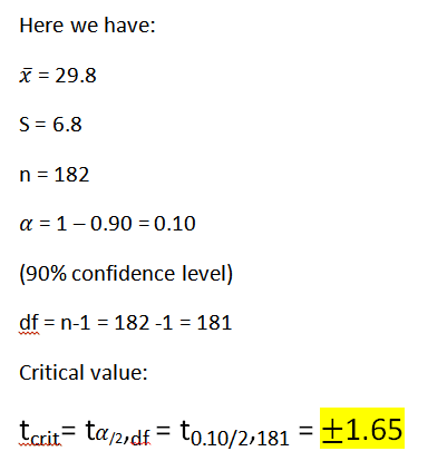 Here we have: x = 29.8 S= 6.8 n = 182 a = 1-0.90 = 0.10 (90% confidence level) df = n-1 = 182-1 = 181 Critical value: tcrit=