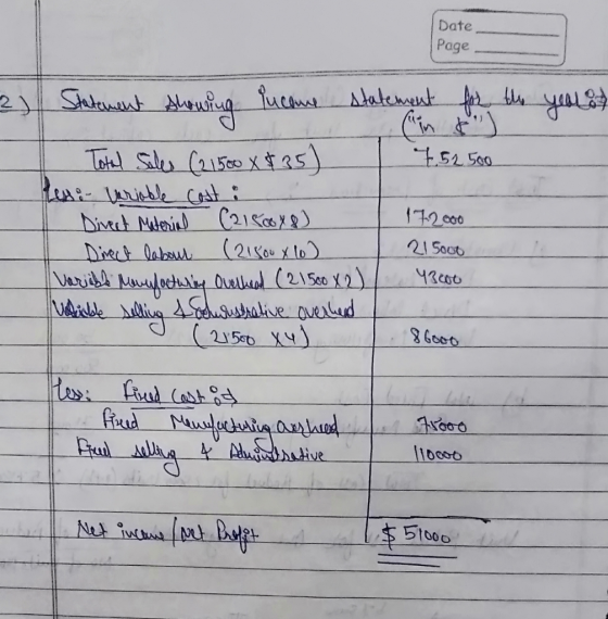 Date Page 2) Statement showing income statement for the year it 4.52500 Total Sales (21560 X $35) les: variable cost : Direct