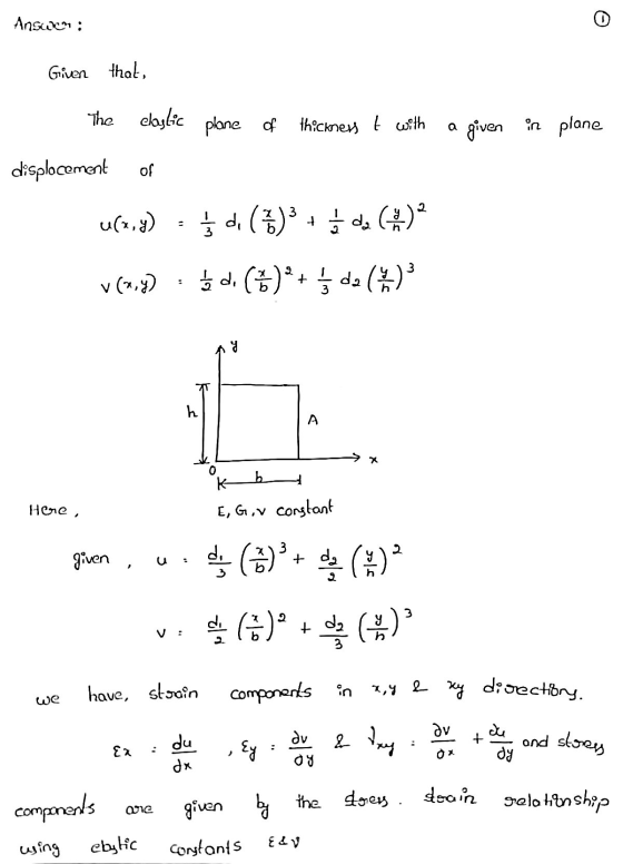 Answen: 0 Given that, The elaglic plane of thickness t with a given in plane displocement of u(x,y) - ſ di (7) 금da į d. ()*+
