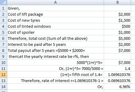 1 Given, 2 Cost of lift package 3 Cost of new tyres 4 Cost of tinted windows 5 Cost of spoiler 6 Therefore, total cost (Sum o