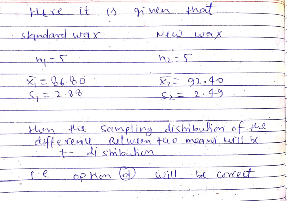 Hure it is given that standard wax New wax h2-5 hs X = 92.40 x = 86.80 S = 2.83 S2 = 2.99 then the sampling distibution of th