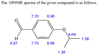 The IHNMR spectra of the given compound is as follows 7.70 6.96 4.04 1.38 9.87 7.70 6.96 1.38