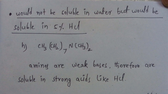 would not be coluble in water bud would be solutle in s. Hu a mineg are weak base, there fore are soluble in strong auds Gke