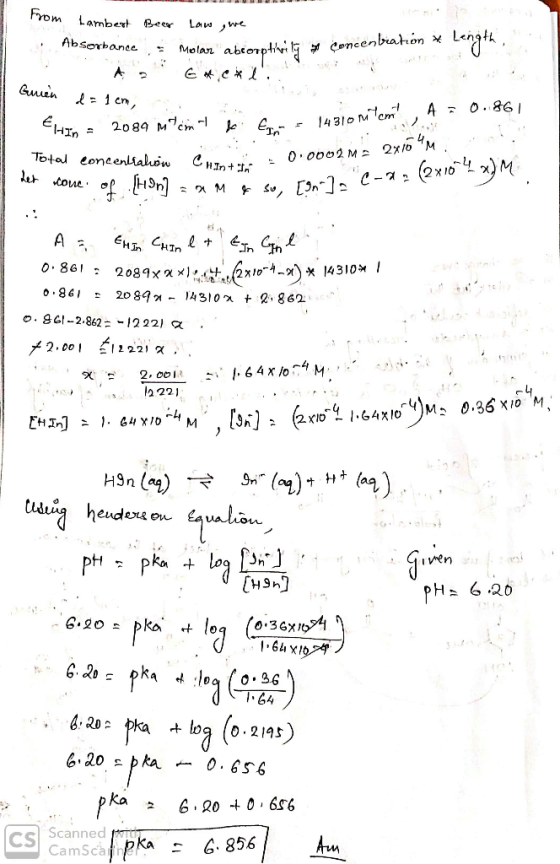 from Lambert . Absorbance A Beer Law gwe Molar abcorpth C * * l.. Molar absorptity concenbaton * Length Ca Guien d = 1 em, a