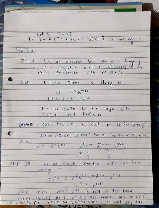 {a,b} I. { w let naw) <na(w) } no! regular Solution: assume SI CP 1 : L Let be a finite regular Automata that the given lang