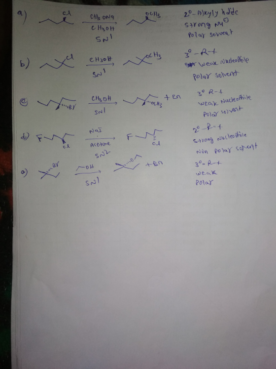 Octs CHONG CH3OH 2o-Alkyly halide strong nu Polar solvent SNI oc Hz b) xa XOCH CH3OH z Rt weak Nucleophile polar solvent SNI