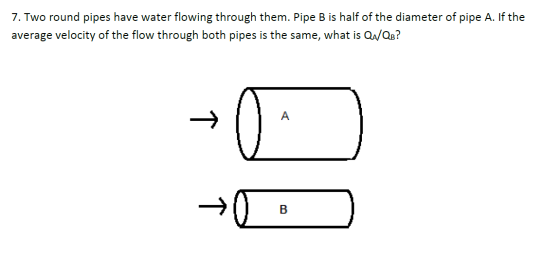7. Two round pipes have water flowing through them. Pipe B is half of the diameter of pipe A. If the average velocity of the