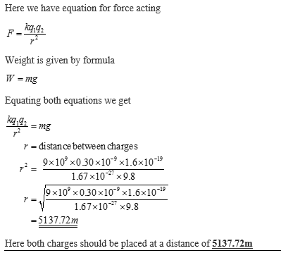 Here we have equation for force acting Weight is given by formula Equating both equations we get r-distan ce between charges