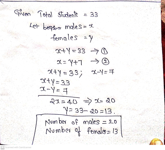 Given Total students = 33 Let bogsers males de females =Y 20+ y = 33 > 0 a = 7+7 72 alty = 33; 2-Y=7 gety=33 x-Y= 2x= =40 Y=3