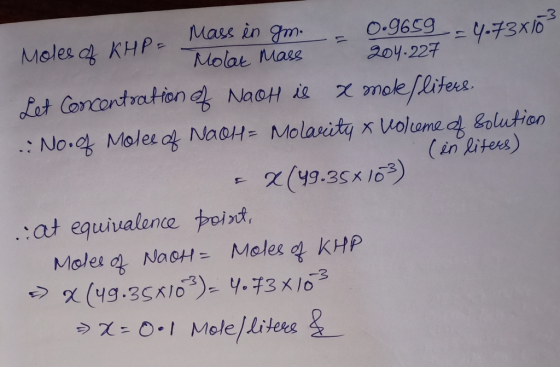 Mass in gm. 0.9659 4.73x16% Moles of KHP- Molar Mass 204.227 Let Concentration of NaOH is x moleflitere. : No.f Moles of NaOH