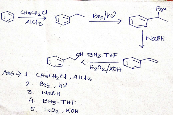 Br CH3CH2 el Brz/ho Ads NAOH OH BHz. THE A202/WOH Ans => 1. CH3CH₂ CL , AIU3 2. Brz, ho NAOH 4. BH3-THE 5. H2O2 , KOH