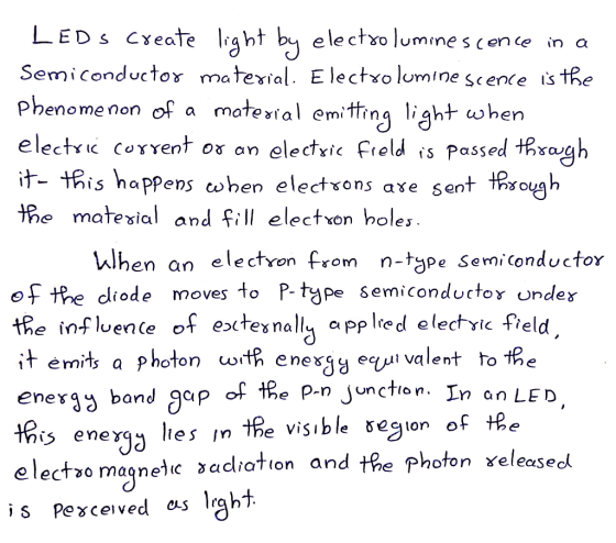 LEDs Create light by electroluminescence in a Semiconductor material. Electrolumine scence is the phenomenon of a material em