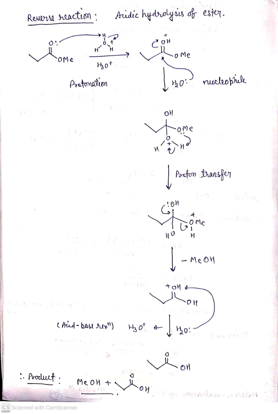 Reverse reaction : Aidic hydrolysis of ester, 0! сон H ome о ме Hot Protonation 0: nucleobhelle OH come H ta Poeten transfer