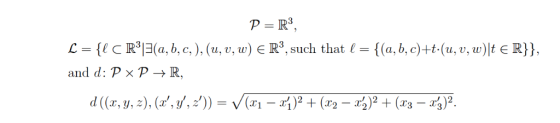 L = {1 c R313(a,b,c.), (u, v, w) є R3, such that I = {(a, b, cht.(u, v, w)|t є R)), and d: Px PR U, V, W T22