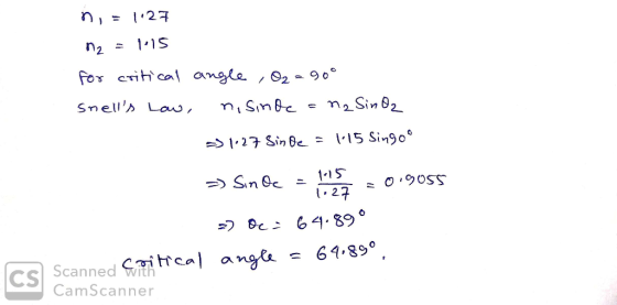 n = 1.27 n2 = 1.15 for critical angle , O2 = 90° snells Low, nisinde = no Sin Oz 1.27 => 1.27 Sinde = 115 Singoo - Sinde = 1