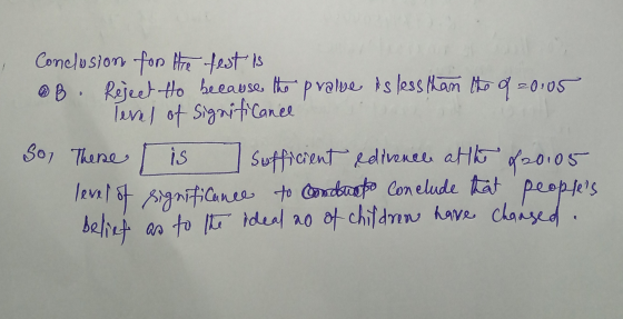 So, Thene Conclusion for the test is • B. Reject to because the prave is less than the of 20:05 Tevel of significance is Suff