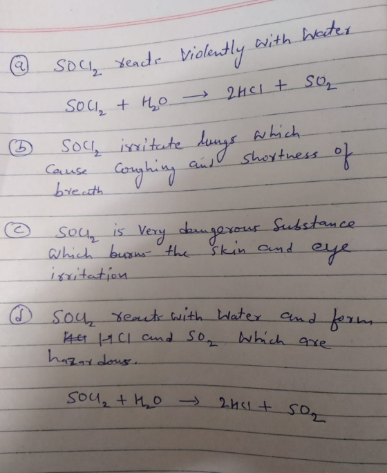 @ sou reads violently with Water Soll tho → 2HCl + SO 0 soll, irritate lungs which Cause Coughine a shostnere breath 0 0 - ©