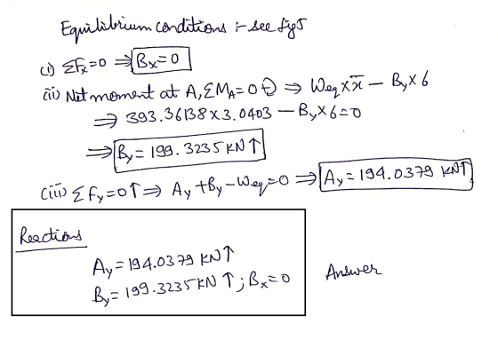 Equilibrium (1) Efx=0 conditions or see figh Bx=0 an Net moment at A, EMA=oÐ Weq xã - Byx 6 393.36138x3.0403 — Byx 6-0 By = 1