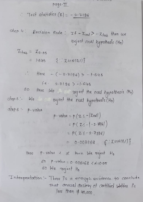 page-II Test statistics () = -2.7196 .: step 4: Decision Rule: If - Lal > - Ktab then we reject null hypothesis (Ho) Totab =
