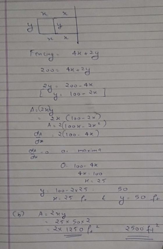 - en cing - 44 +2u 200= 40+2y 200- 4k - 2x (100-2x). A.2(loon- 2012) dA = 2(100- 4x) da Q a maxima maxima - 4*. 100 O- 100 4x