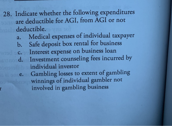 28. Indicate whether the following expenditures are deductible for AGI, from AGI or not deductible. a. Medical expenses of in
